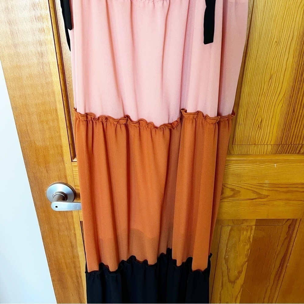 Color Block Maxi Dress Sz M Peach Black Brown Beach Boho Festival Hippie Ruffle - Picture 3 of 9